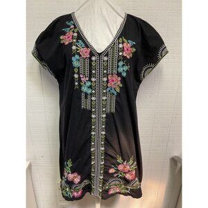 Handcrafted Black Mexican Dress W/ Bright Embroidery  V-Neck S/S